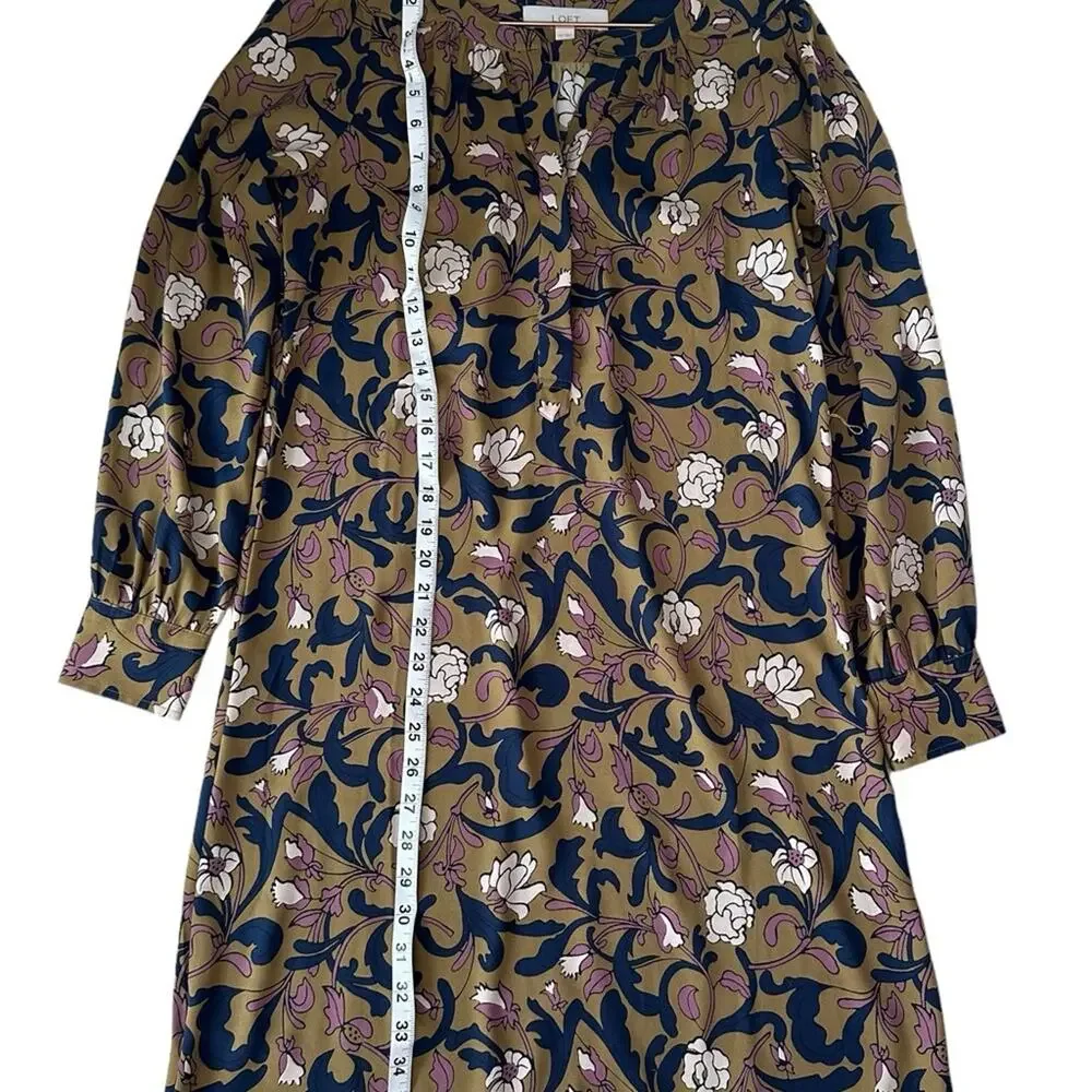 LOFT Floral Print Long Sleeve Olive Dress - Size XS - Picture 5 of 6